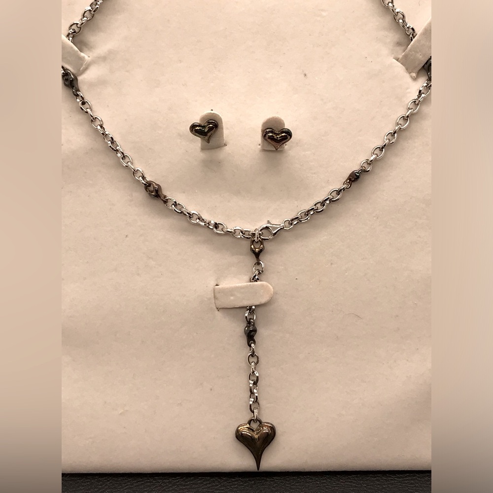 925 Silver Heart Necklace Post Earring Set 28 Grams & 18” Adjustable